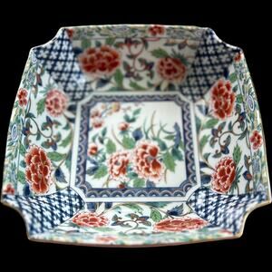 Japanese Imari Porcelain Flora Blue & Red Gold Trim Square Bowl Made in Japan